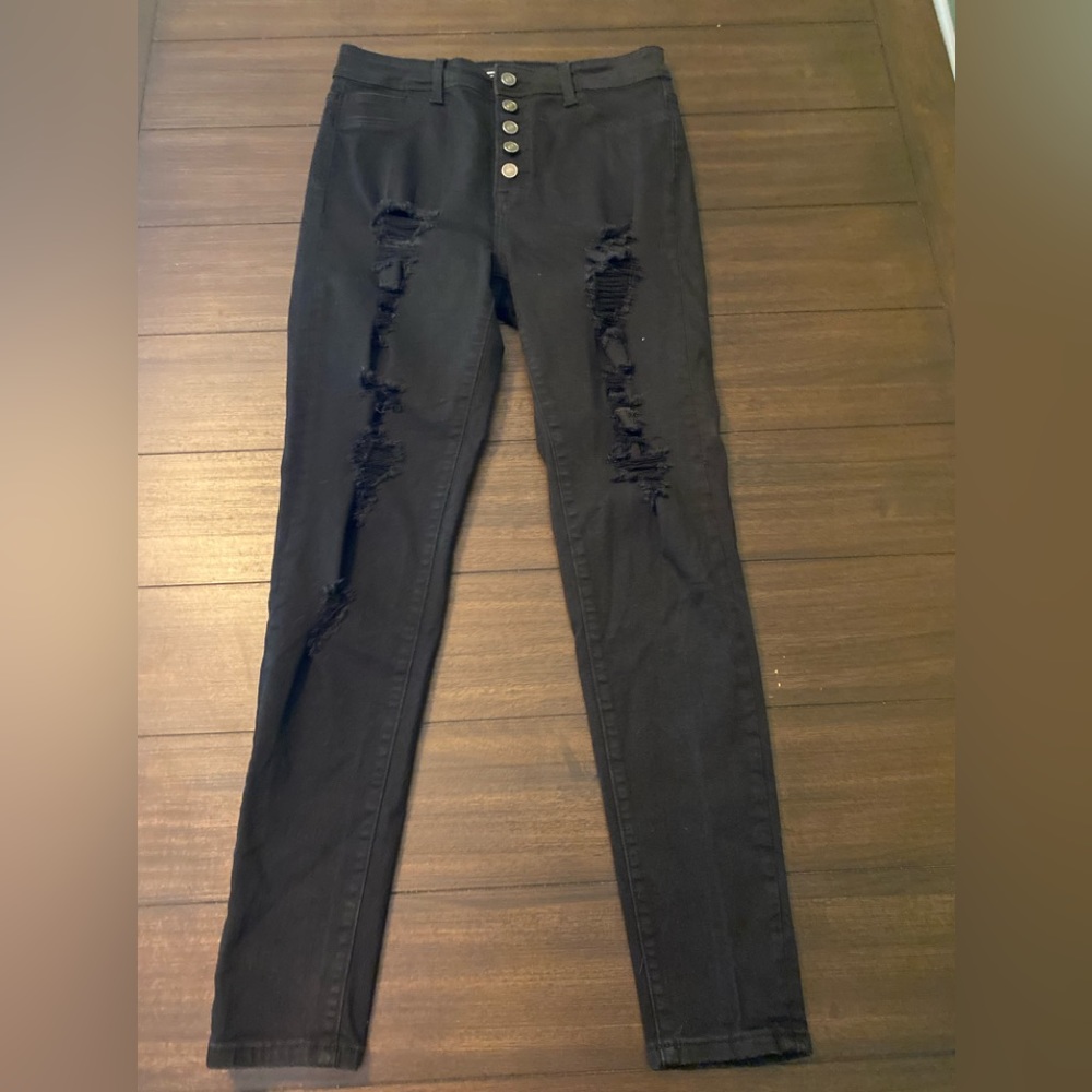Women’s Hammer Jeans Black Super Distressed High Waist Skinny Jeans Button SZ 13